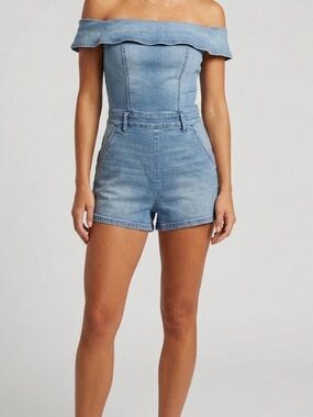 bebe Light Blue Off-Shoulder Denim Romper Size 25